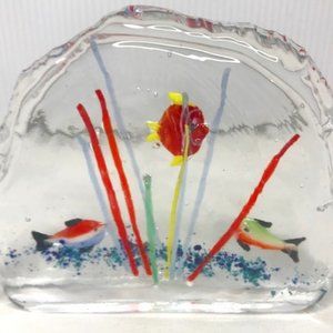 MURANO (?) Italian Glass 3 multi color fish Half-Moon Aquarium Art Paperweight